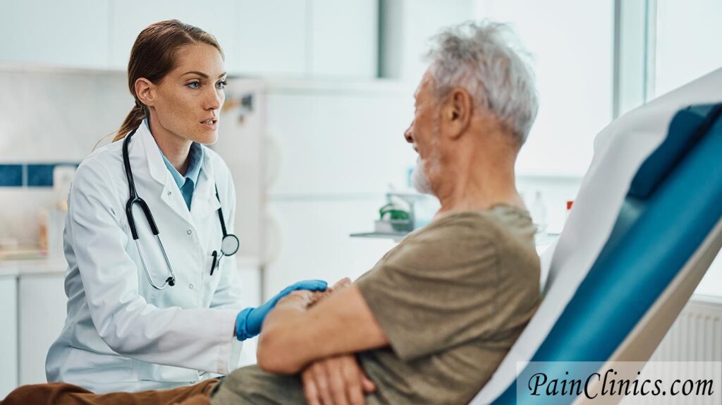 Image of a nurse practitionner in a pain-clinic apointment with a senior patient