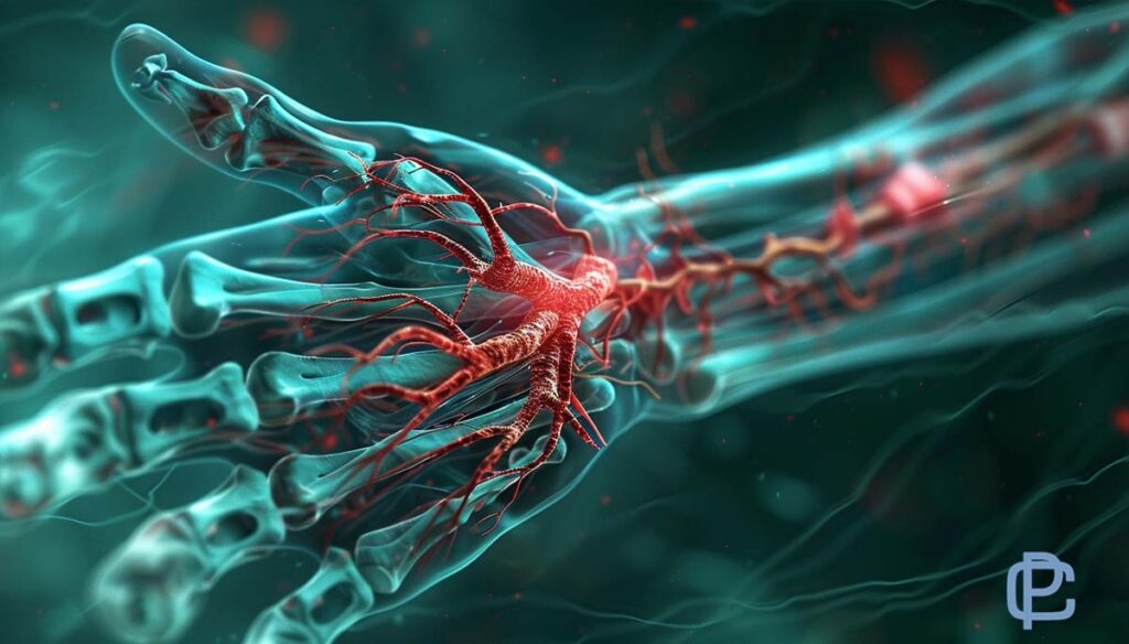 Featured image depicting a hand and bundles of nerves displaying vividly a hand suffering from Entrapment Neuropathy