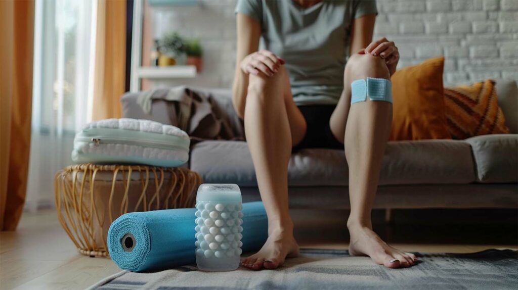 image of a lady sitting on her couch with items to help treat knee pain at home